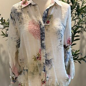 Floral Button-Up Blouse - White and Pink EUC M